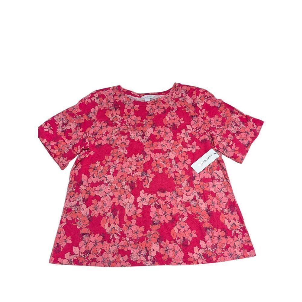 Liz Claiborne Floral Top Pink Red Short Sleeve Cotton Casual Women's XXL